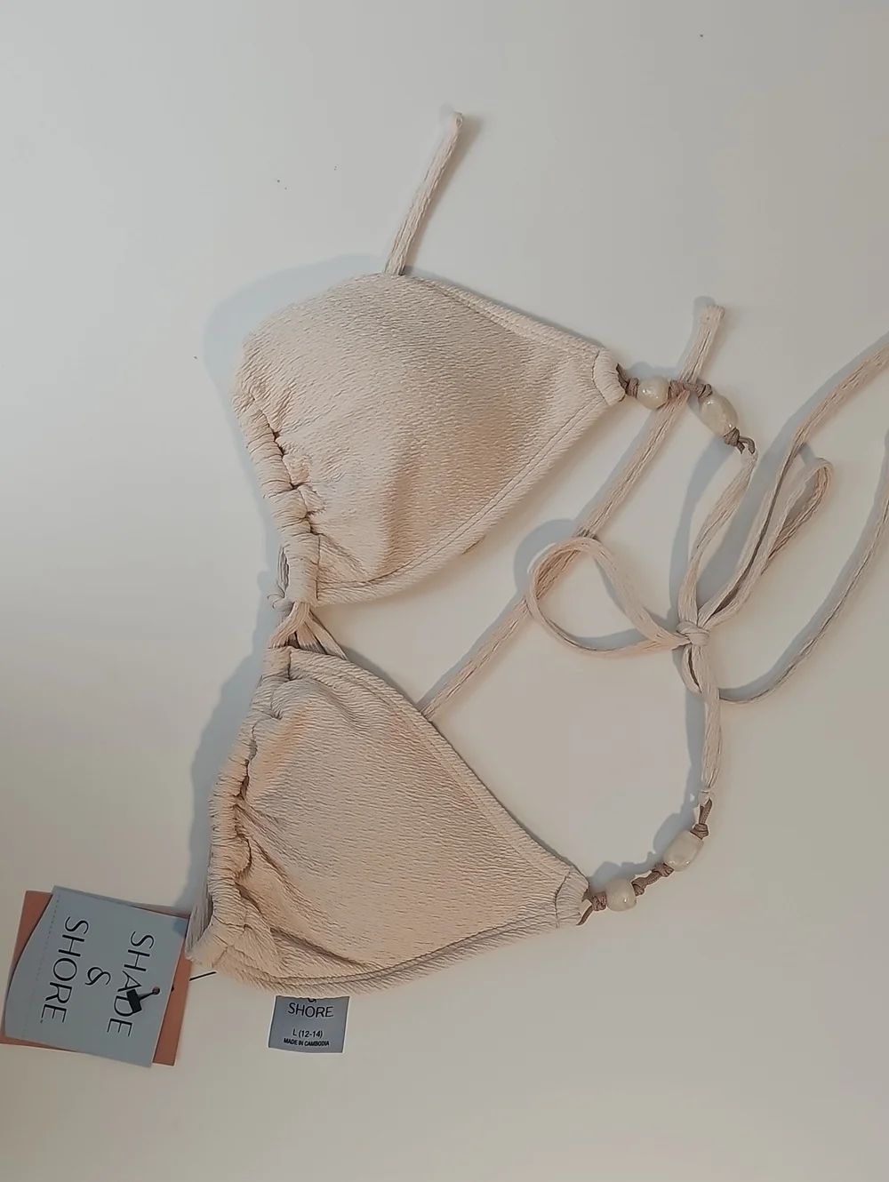 Shade & Shore Women's L Cream / Off-White Crepe Beaded Triangle Bikini Set